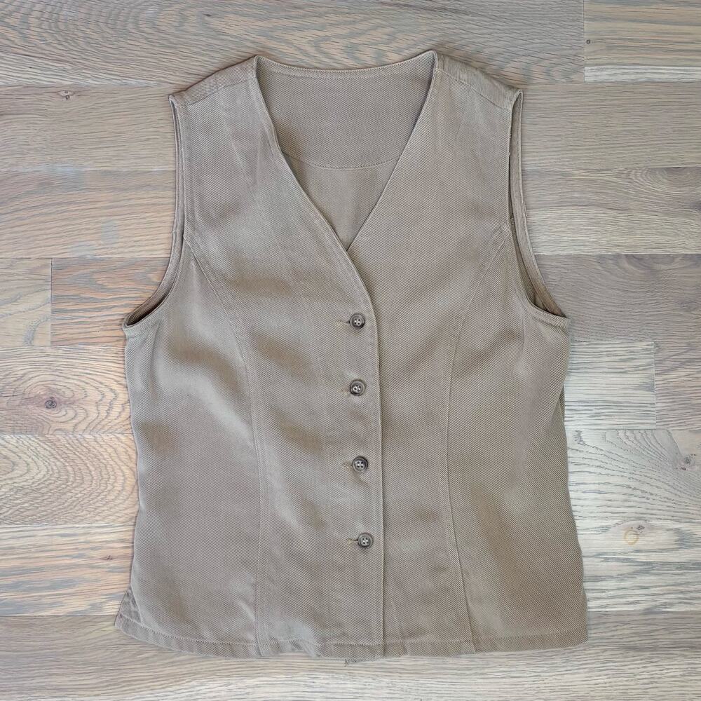 VTG 90s 100% Tencel Button Front Vest USA Made Camel Taupe Womens Size Small